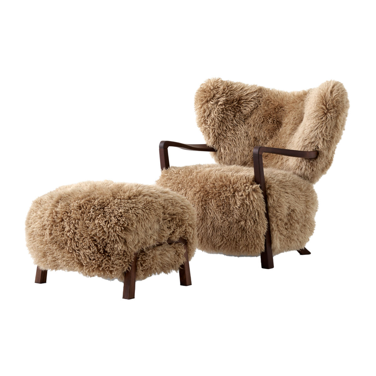 Wulff Lounge Chair ATD2 And Wulff Pouf ATD3 Sheepskin Honey / Walnut